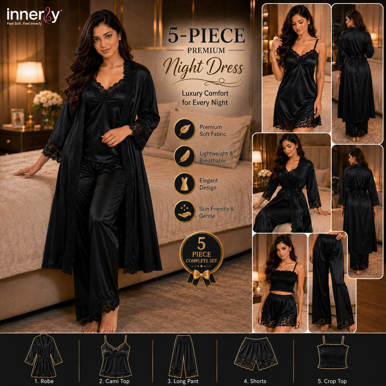 5 Part Premium Nightwear - Black Color